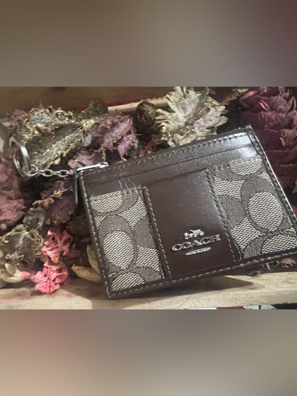 Coach Brown Logo-Print Card Case with Keyring